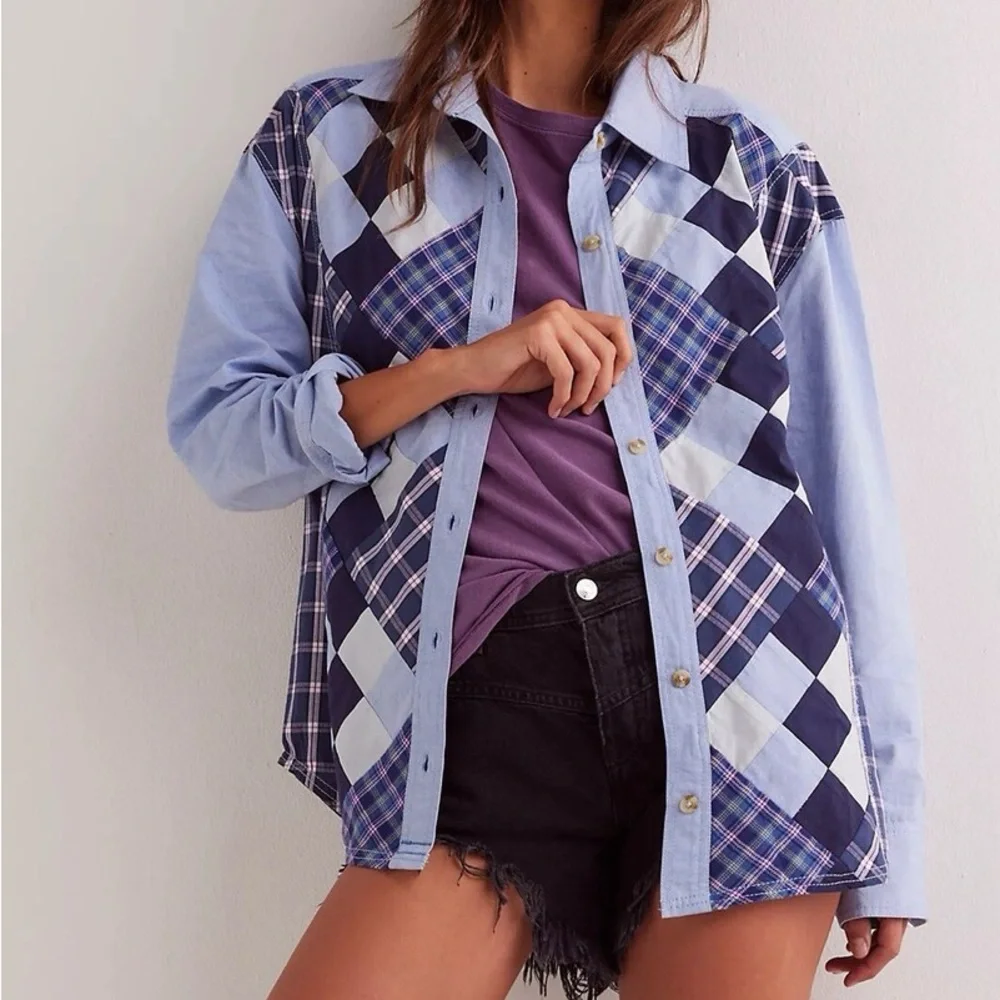 Free People Rare Argyle Plaid Quilt Button Oversized Shirt - Picture 1 of 7